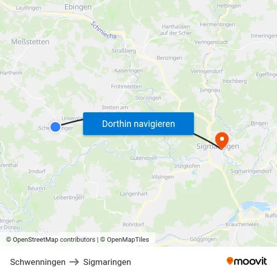 Schwenningen to Sigmaringen map
