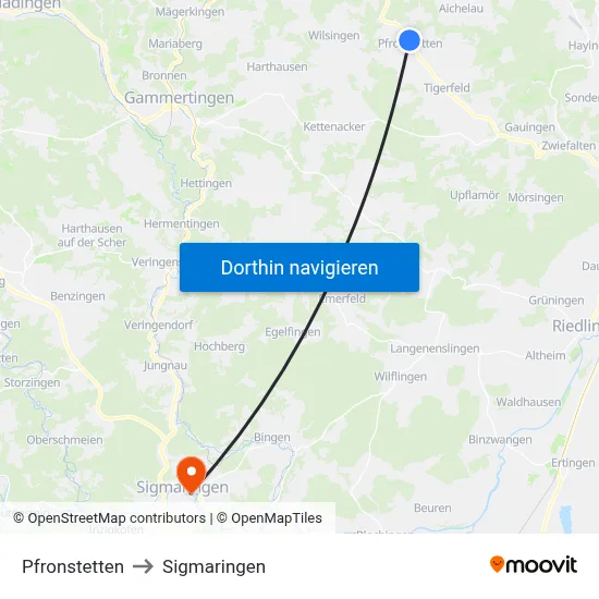 Pfronstetten to Sigmaringen map