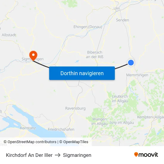 Kirchdorf An Der Iller to Sigmaringen map