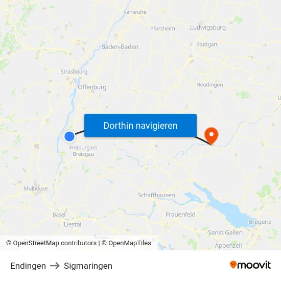 Endingen to Sigmaringen map