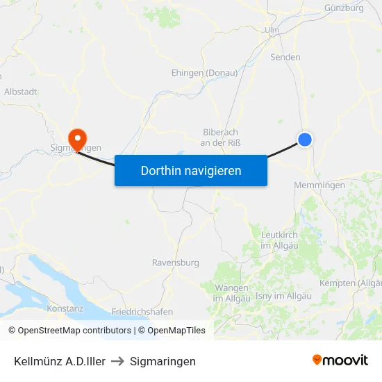 Kellmünz A.D.Iller to Sigmaringen map