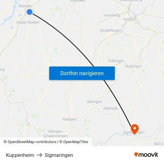 Kuppenheim to Sigmaringen map