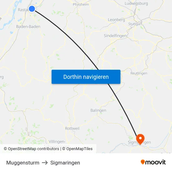 Muggensturm to Sigmaringen map