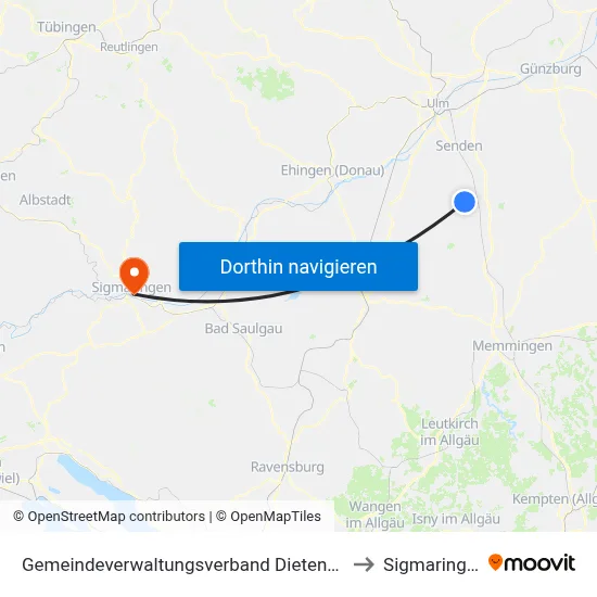 Gemeindeverwaltungsverband Dietenheim to Sigmaringen map