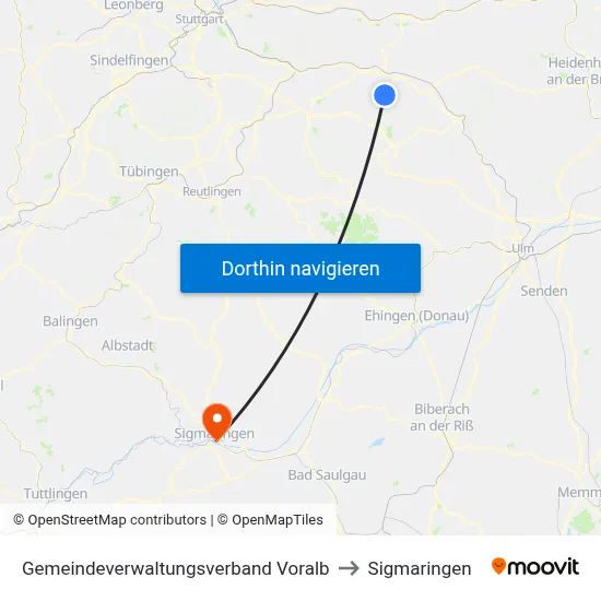 Gemeindeverwaltungsverband Voralb to Sigmaringen map