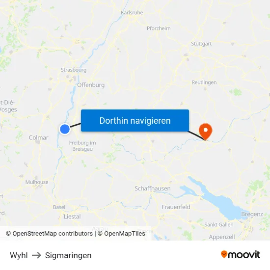 Wyhl to Sigmaringen map