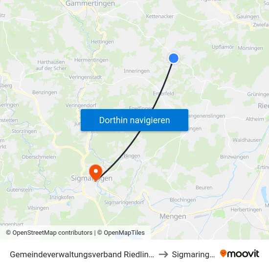 Gemeindeverwaltungsverband Riedlingen to Sigmaringen map