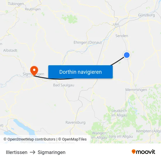 Illertissen to Sigmaringen map