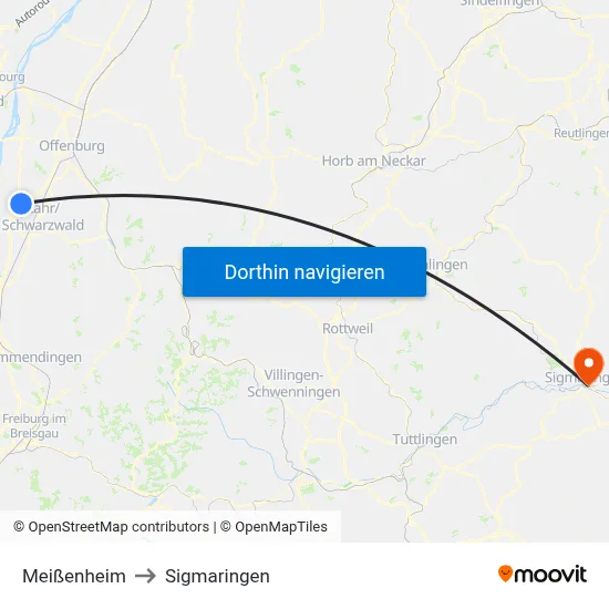 Meißenheim to Sigmaringen map