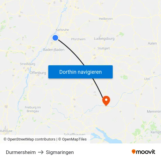 Durmersheim to Sigmaringen map