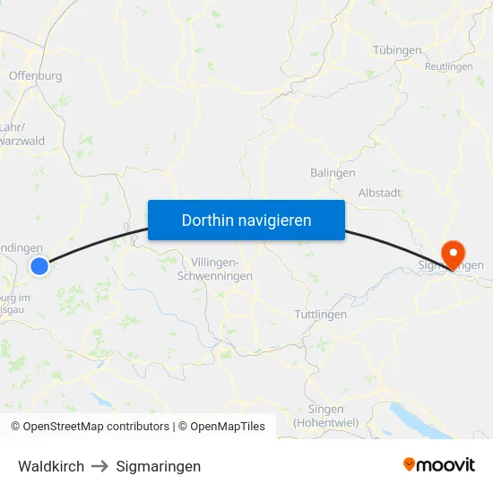 Waldkirch to Sigmaringen map