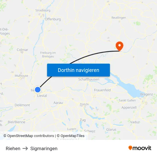 Riehen to Sigmaringen map
