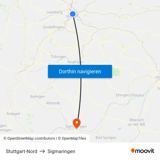 Stuttgart-Nord to Sigmaringen map