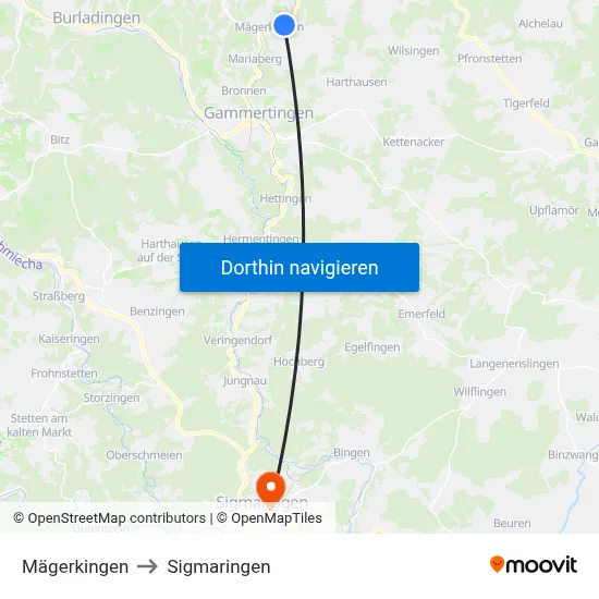 Mägerkingen to Sigmaringen map