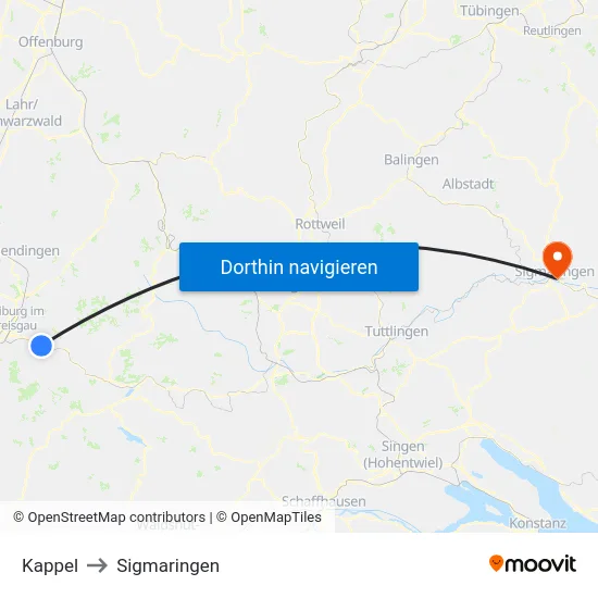 Kappel to Sigmaringen map