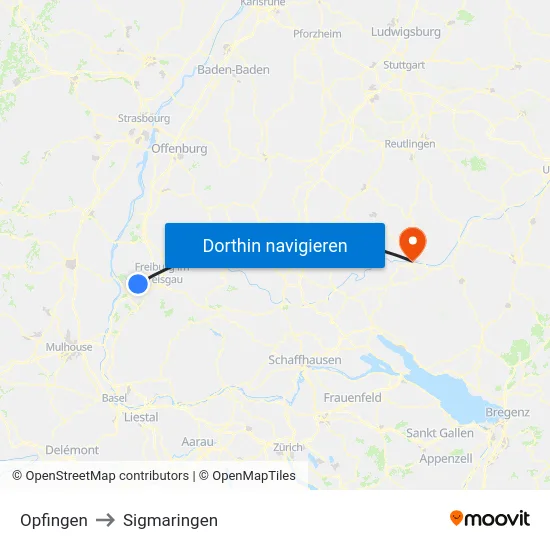 Opfingen to Sigmaringen map