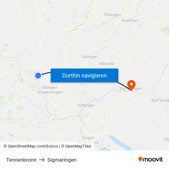 Tennenbronn to Sigmaringen map