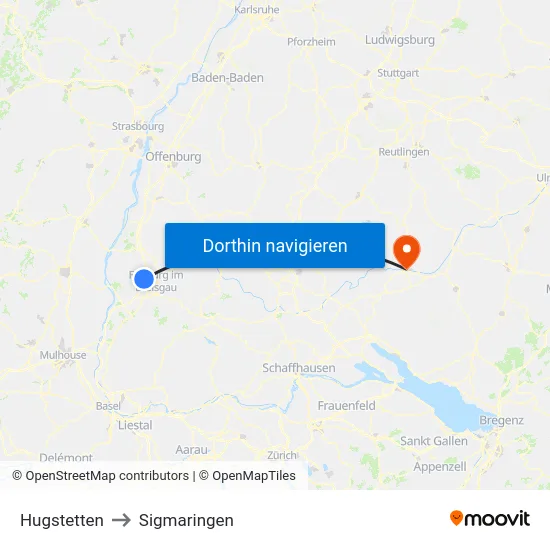 Hugstetten to Sigmaringen map