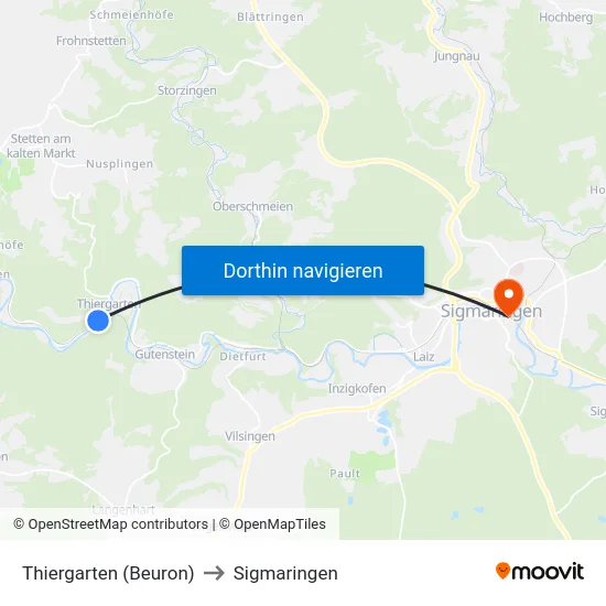 Thiergarten (Beuron) to Sigmaringen map
