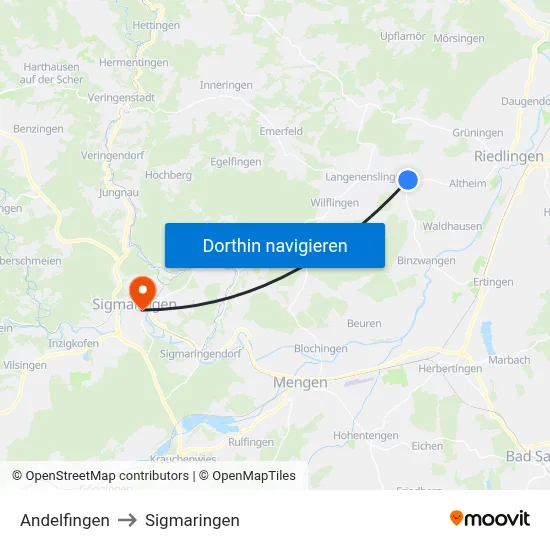 Andelfingen to Sigmaringen map