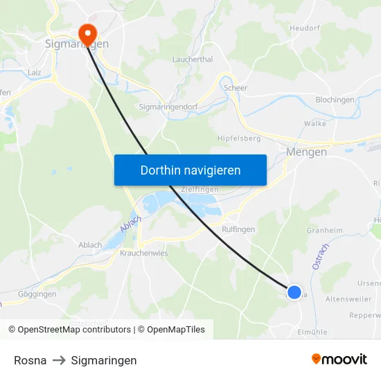 Rosna to Sigmaringen map
