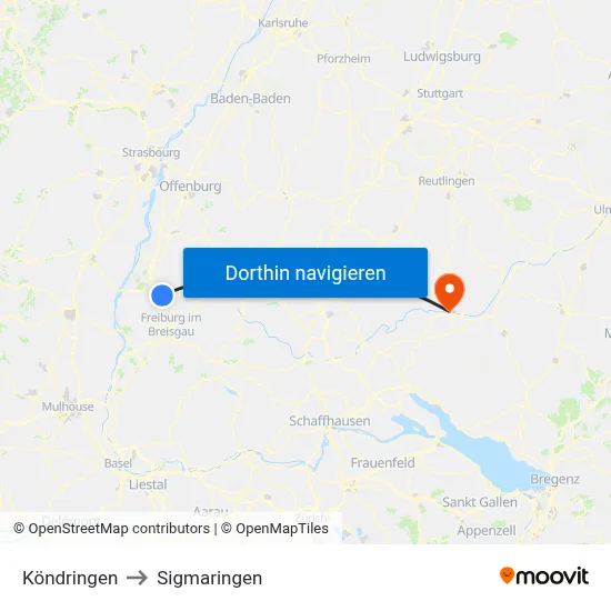Köndringen to Sigmaringen map
