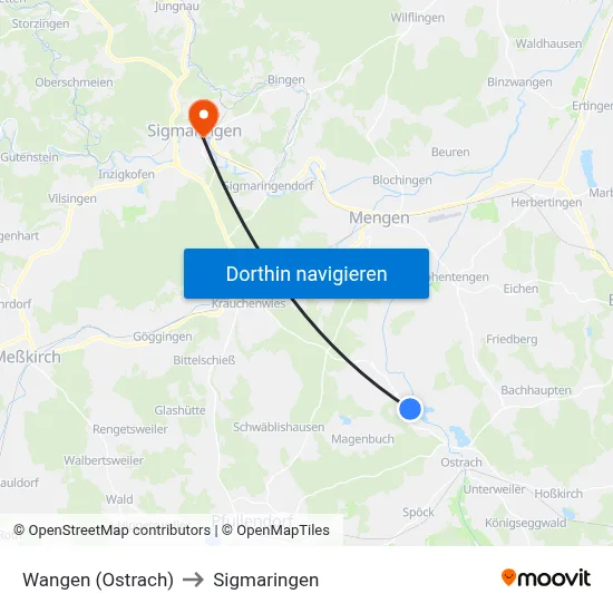 Wangen (Ostrach) to Sigmaringen map
