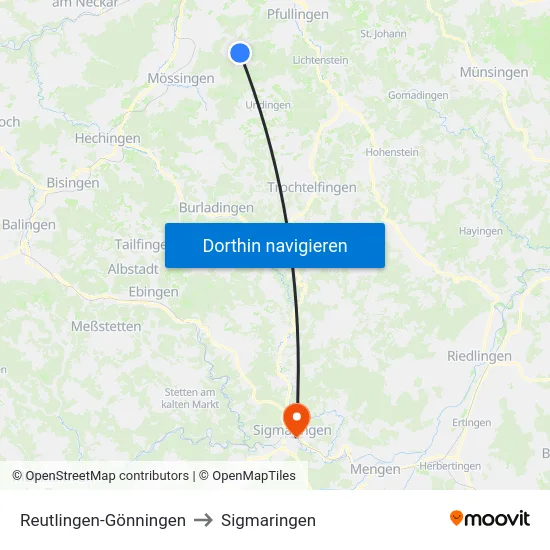 Reutlingen-Gönningen to Sigmaringen map