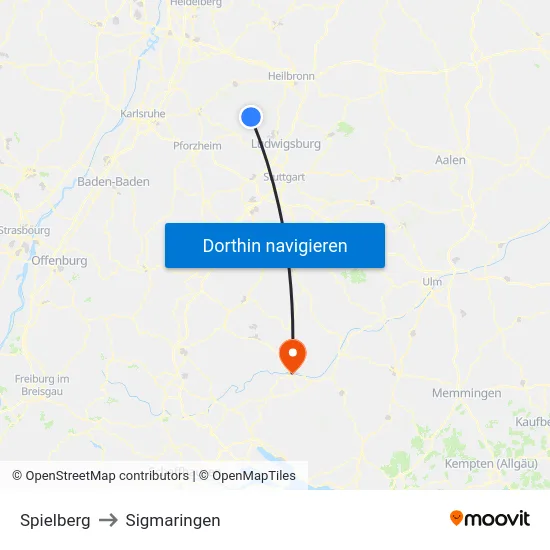 Spielberg to Sigmaringen map