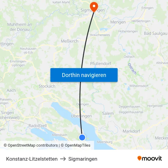 Konstanz-Litzelstetten to Sigmaringen map