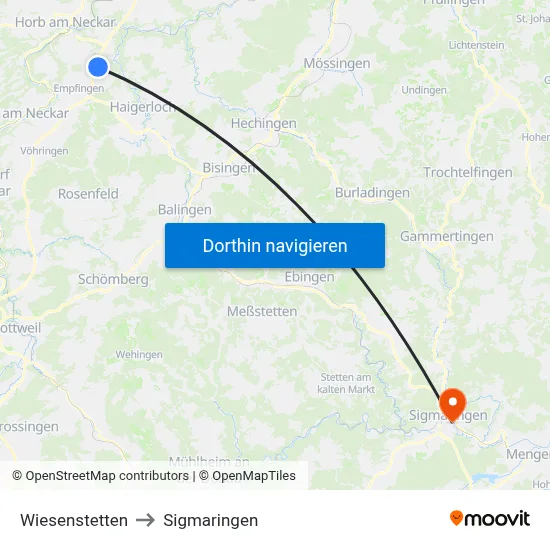 Wiesenstetten to Sigmaringen map