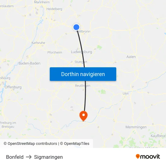 Bonfeld to Sigmaringen map