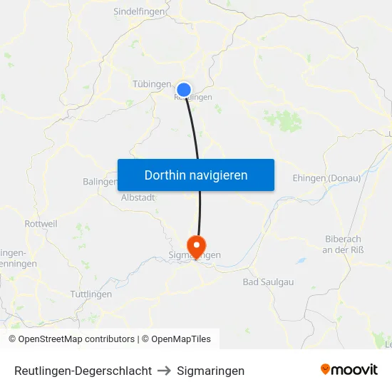 Reutlingen-Degerschlacht to Sigmaringen map