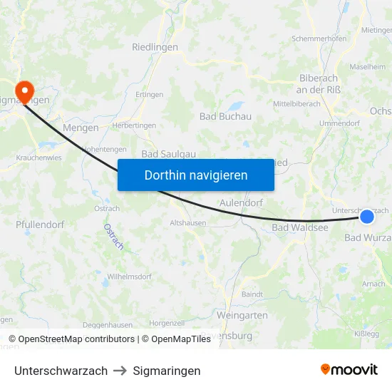 Unterschwarzach to Sigmaringen map