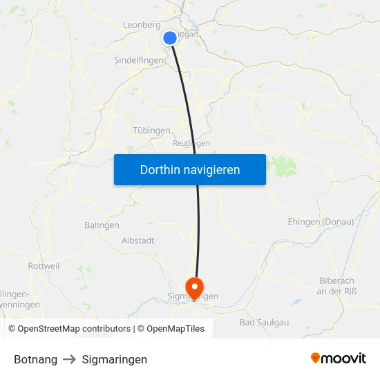 Botnang to Sigmaringen map