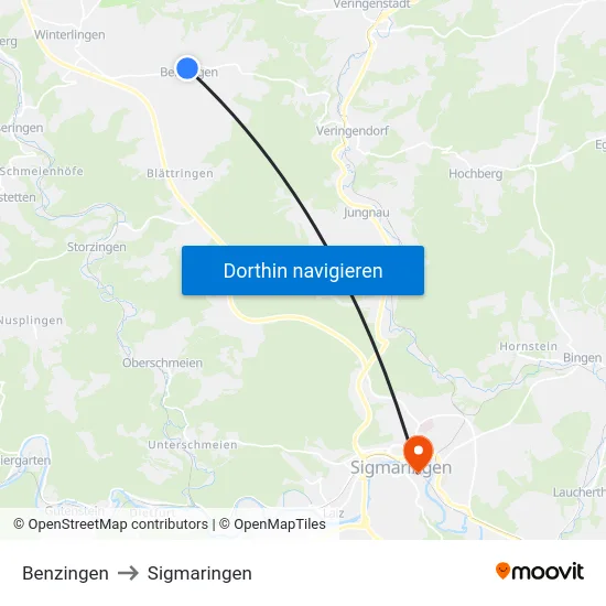 Benzingen to Sigmaringen map