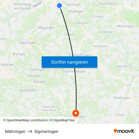 Mähringen to Sigmaringen map