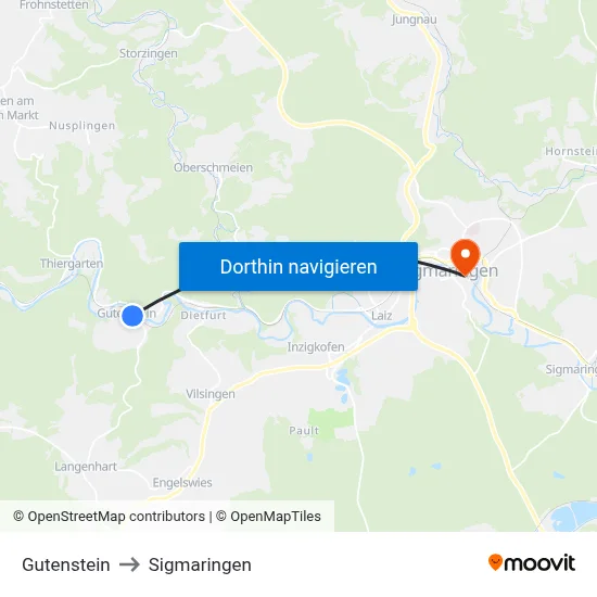Gutenstein to Sigmaringen map