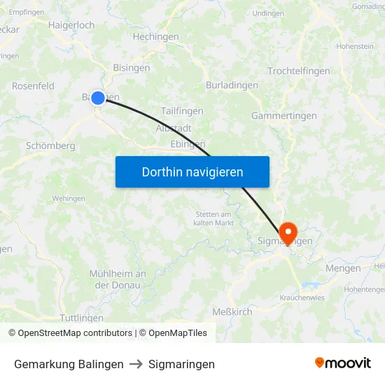 Gemarkung Balingen to Sigmaringen map