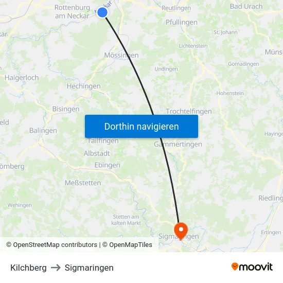 Kilchberg to Sigmaringen map