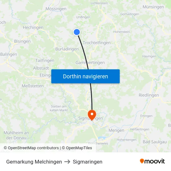 Gemarkung Melchingen to Sigmaringen map