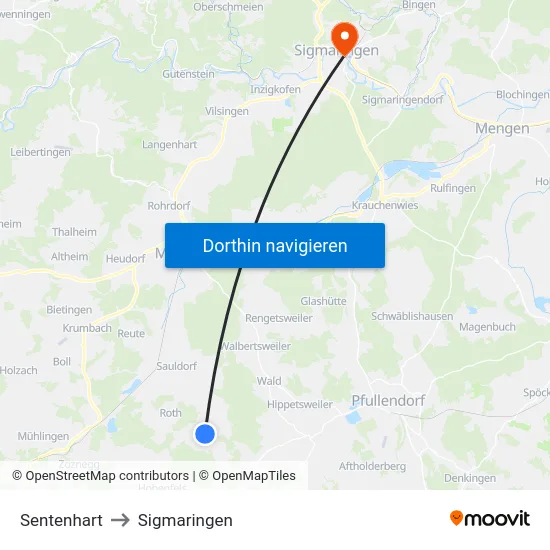 Sentenhart to Sigmaringen map