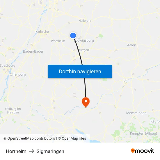 Horrheim to Sigmaringen map