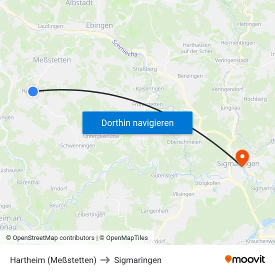 Hartheim (Meßstetten) to Sigmaringen map