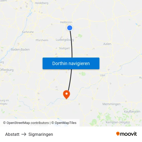 Abstatt to Sigmaringen map