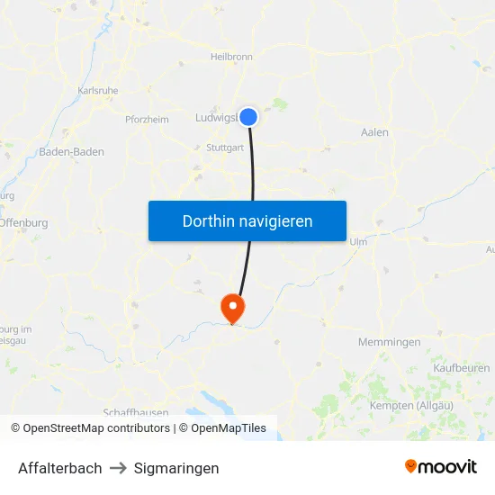 Affalterbach to Sigmaringen map
