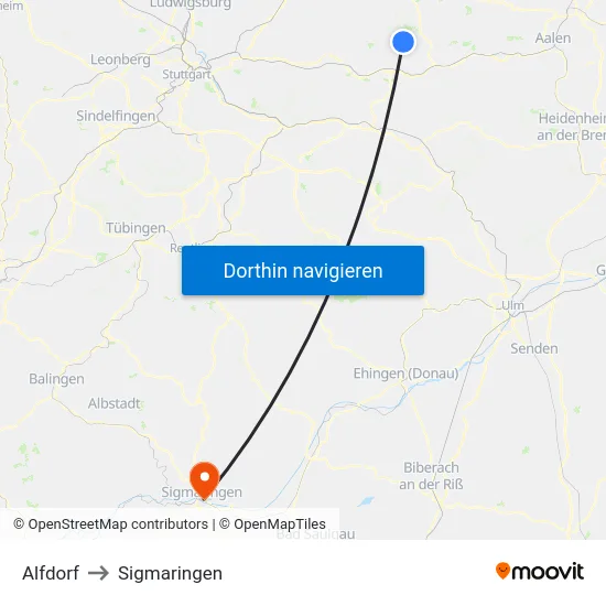 Alfdorf to Sigmaringen map