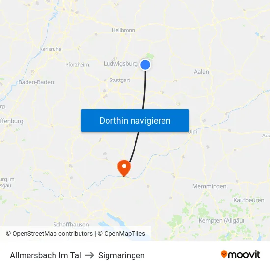 Allmersbach Im Tal to Sigmaringen map