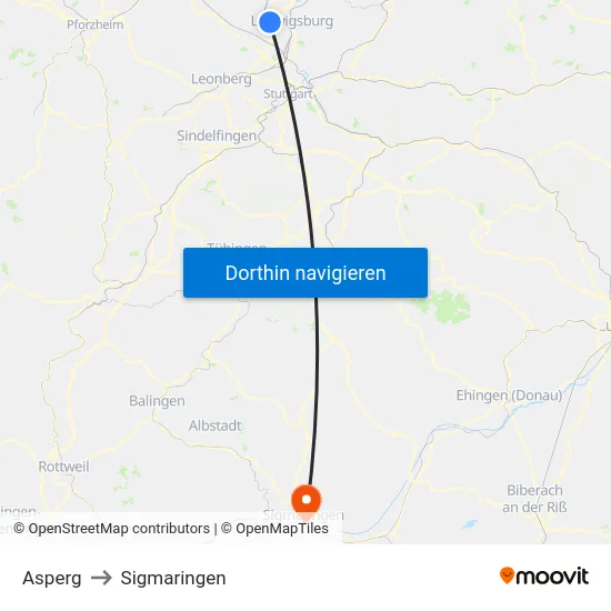 Asperg to Sigmaringen map