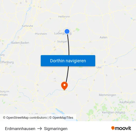 Erdmannhausen to Sigmaringen map